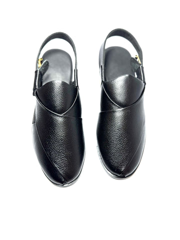 Black Peshawari Chappal – Premium Full-Grain Leather with Gold Buckle