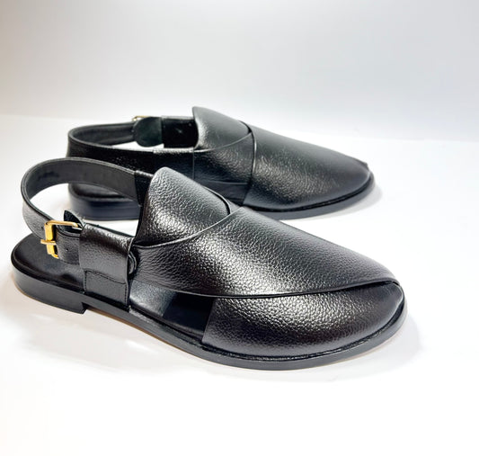 Black Peshawari Chappal – Premium Full-Grain Leather with Gold Buckle