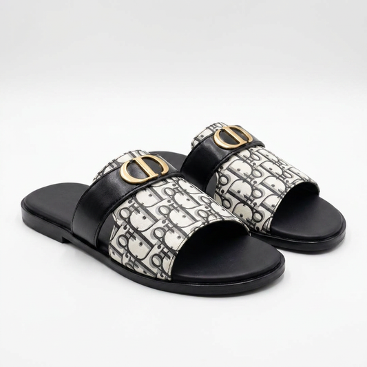 Luxury Monogram Comfort Slides – Black & White Designer Slip-On Sandals