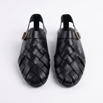 Men’s Black Woven Peshawari Sandals – Premium Leather Braided Chappal