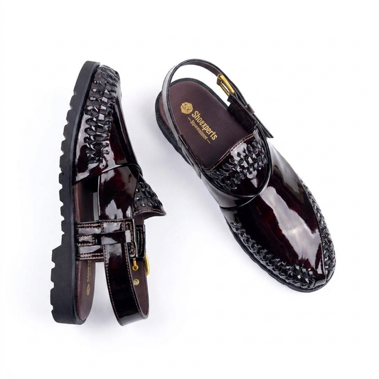 Midnight Gloss Peshawari Sandals – Handcrafted Patent Leather Chappal