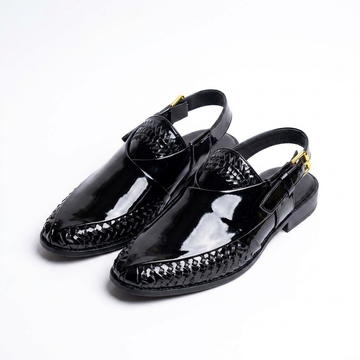 Midnight Gloss Peshawari Sandals – Handcrafted Patent Leather Chappal