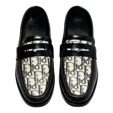Monogram Panel Leather Penny Loafers – Black & Grey