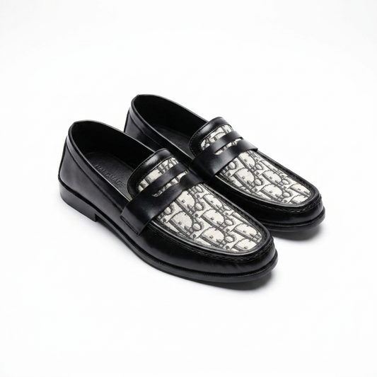 Monogram Panel Leather Penny Loafers – Black & Grey