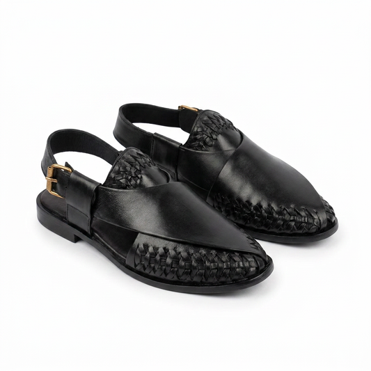 Handwoven Leather Peshawari Sandals – Black